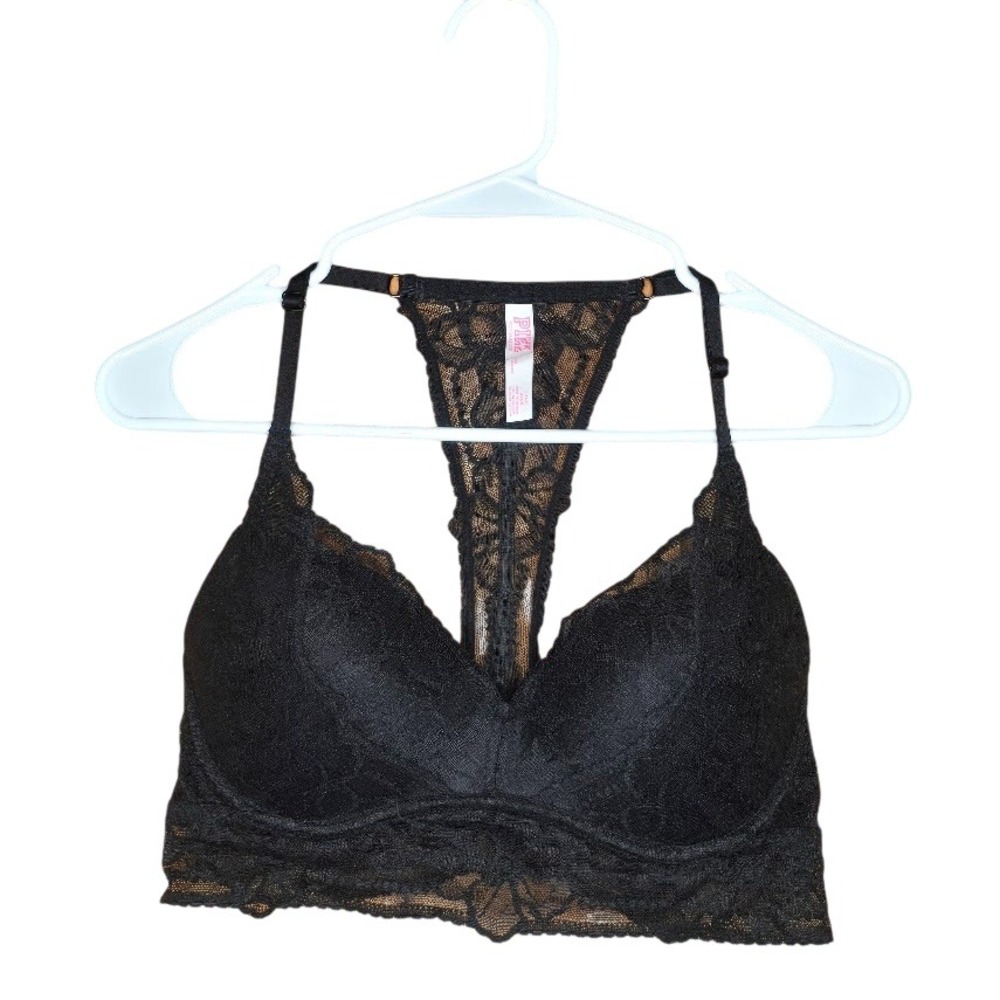PINK Black Lace Push-Up Bralette Racerback T-Back Women Size L (A-C) Lingerie